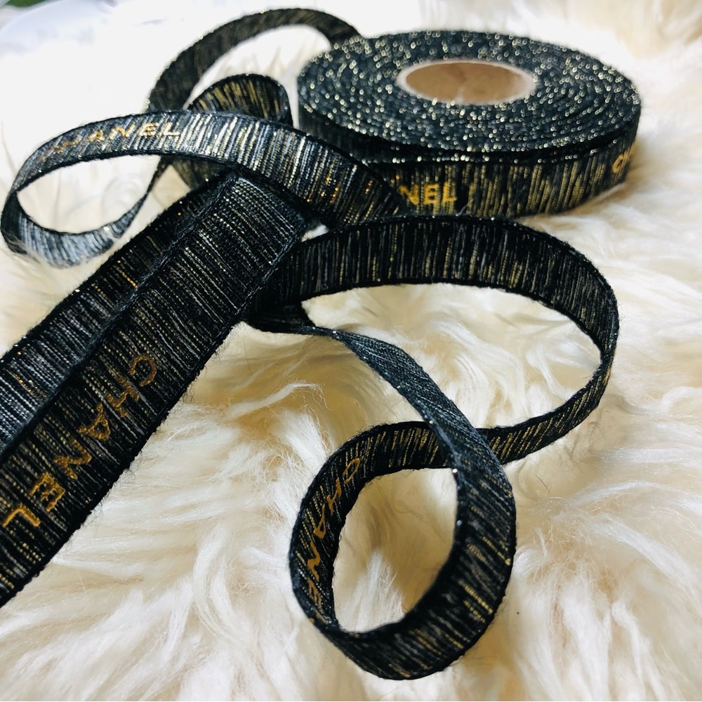 New Full Roll 25 meters CHANEL Black Glittered & Metallic Gold Lettering Ribbon